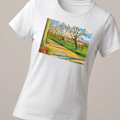 David Hockney's impressionist walnut trees artwork in vivid colors — printed on a women's shirt