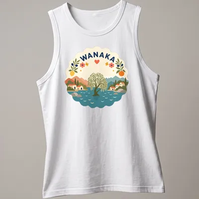 Modern folk art Wanaka t-shirt featuring willow tree and lake illustration — printed on a tank top