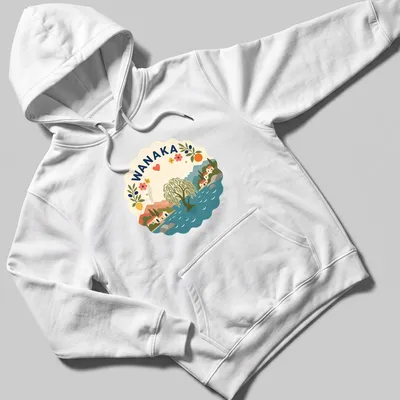 Modern folk art Wanaka t-shirt featuring willow tree and lake illustration — printed on a unisex hoodie