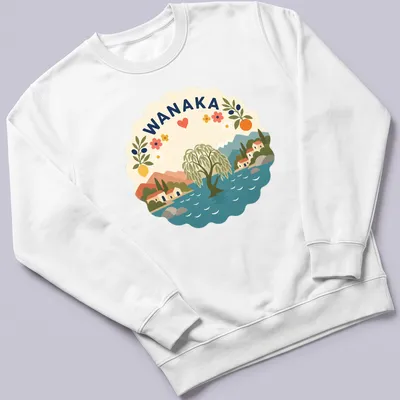 Modern folk art Wanaka t-shirt featuring willow tree and lake illustration — printed on a unisex sweatshirt