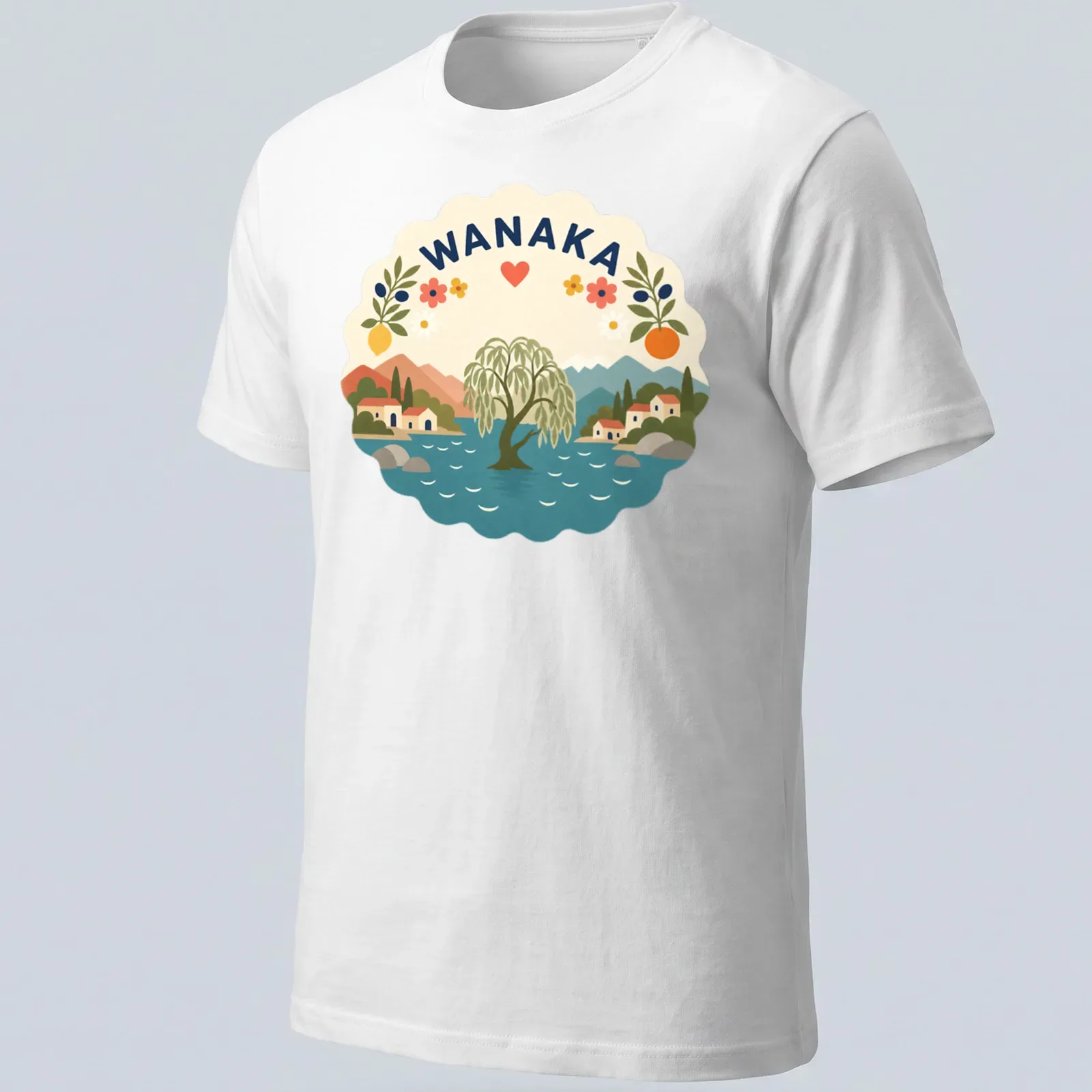 Modern folk art Wanaka t-shirt featuring willow tree and lake illustration — printed on a unisex t-shirt