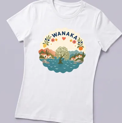 Modern folk art Wanaka t-shirt featuring willow tree and lake illustration — printed on a women's shirt
