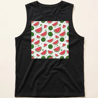 Playful watermelon pattern t-shirt featuring slices in pink, green, and black — printed on a tank top