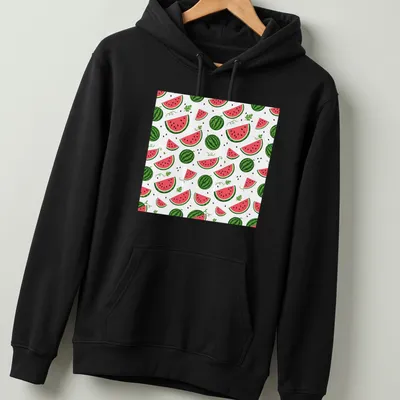 Playful watermelon pattern t-shirt featuring slices in pink, green, and black — printed on a unisex hoodie