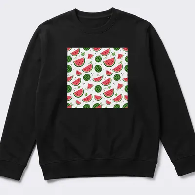 Playful watermelon pattern t-shirt featuring slices in pink, green, and black — printed on a unisex sweatshirt
