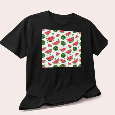 Playful watermelon pattern t-shirt featuring slices in pink, green, and black — printed on a unisex t-shirt (angled view)