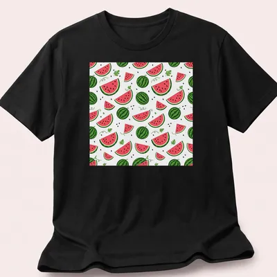 Playful watermelon pattern t-shirt featuring slices in pink, green, and black