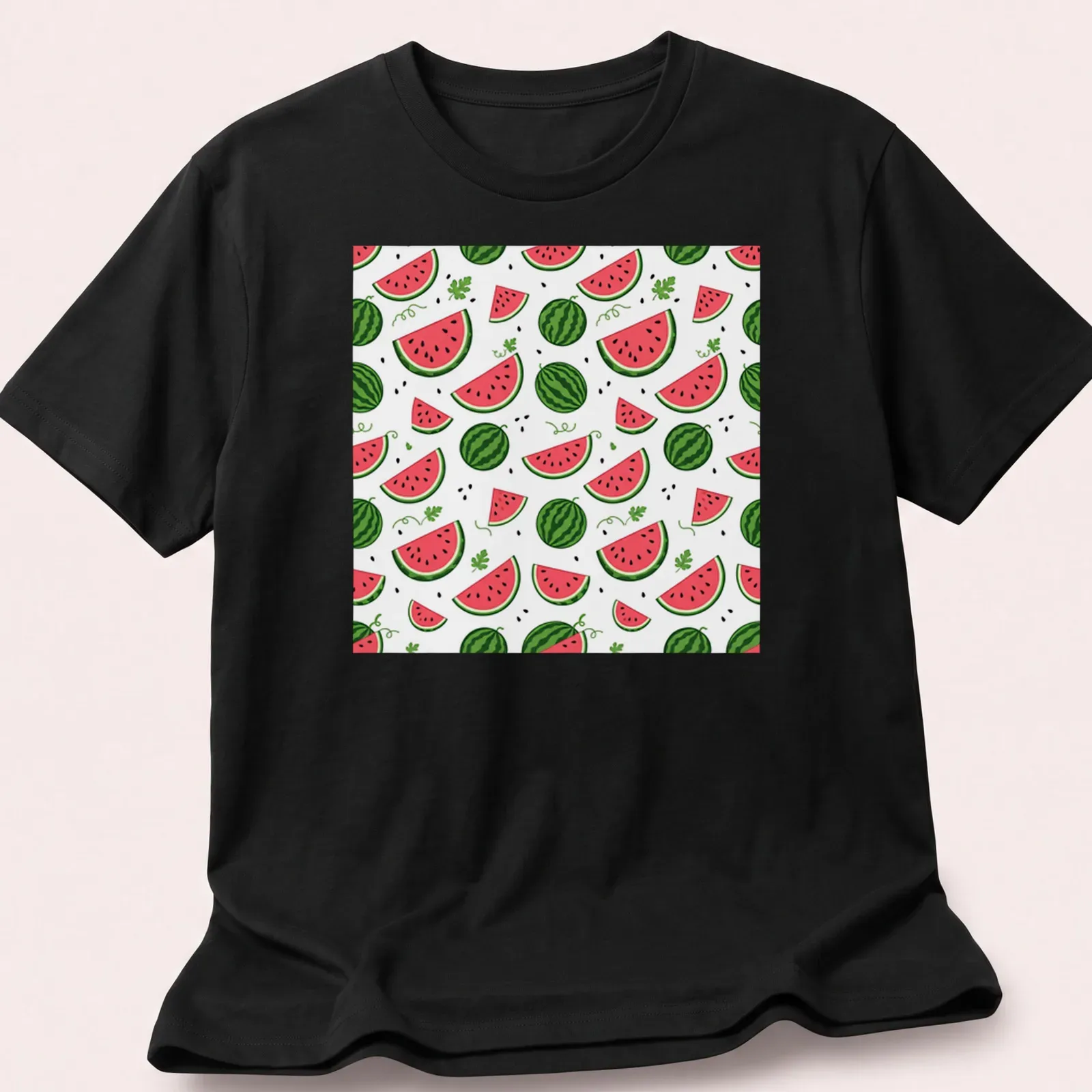 Playful watermelon pattern t-shirt featuring slices in pink, green, and black — printed on a unisex t-shirt