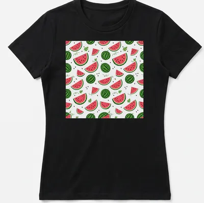 Playful watermelon pattern t-shirt featuring slices in pink, green, and black — printed on a women's shirt