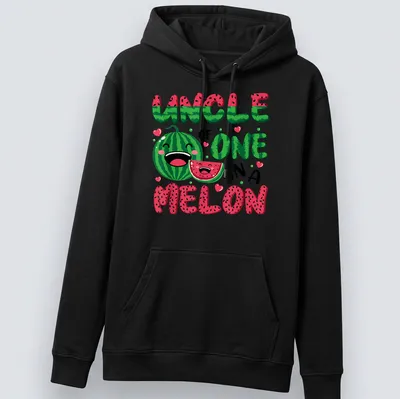 Kawaii watermelon graphic t-shirt with fun text for proud uncles — printed on a unisex hoodie