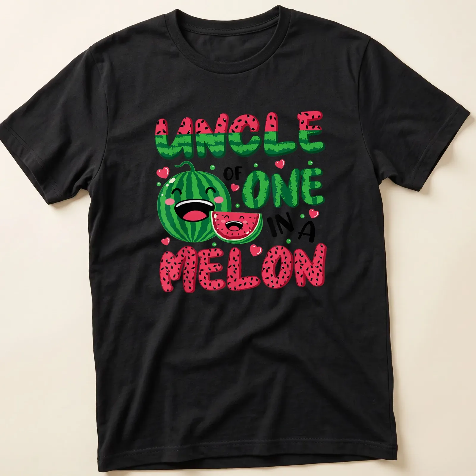 Kawaii watermelon graphic t-shirt with fun text for proud uncles — printed on a unisex t-shirt