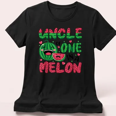 Kawaii watermelon graphic t-shirt with fun text for proud uncles — printed on a women's shirt