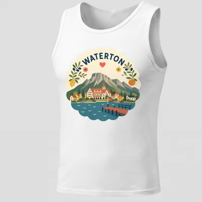 Modern folk art style Waterton landscape T-shirt with heart and flowers — printed on a tank top