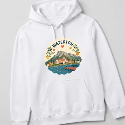 Modern folk art style Waterton landscape T-shirt with heart and flowers — printed on a unisex hoodie