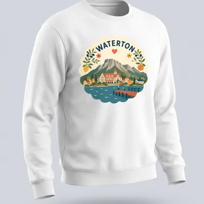 Modern folk art style Waterton landscape T-shirt with heart and flowers — printed on a unisex sweatshirt