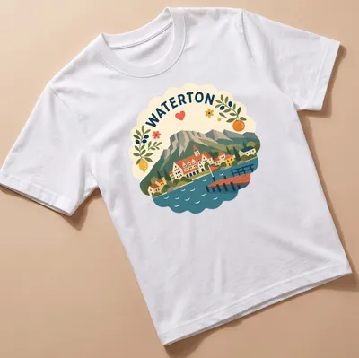 Modern folk art style Waterton landscape T-shirt with heart and flowers
