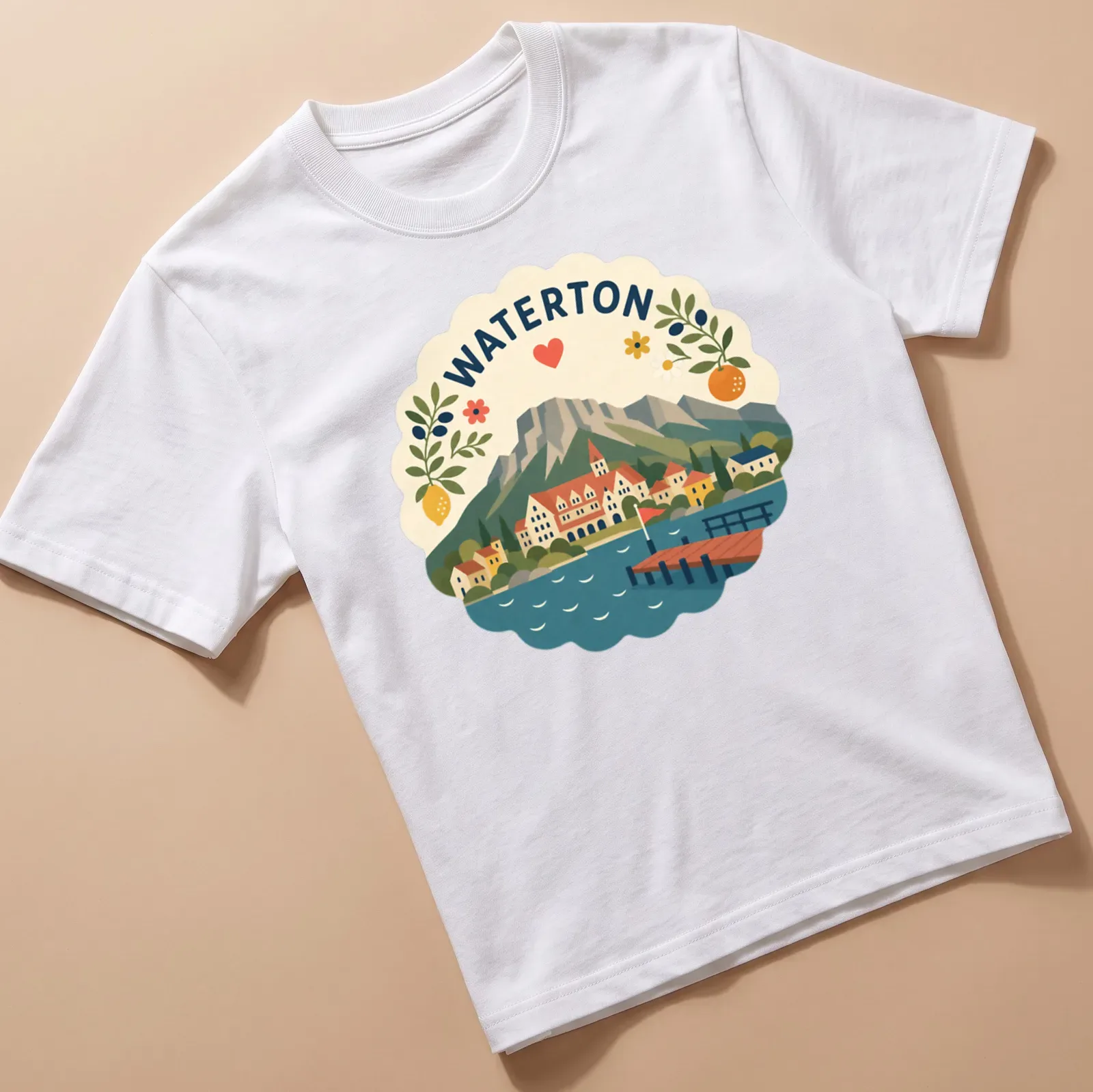 Modern folk art style Waterton landscape T-shirt with heart and flowers — printed on a unisex t-shirt
