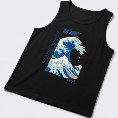 Japanese ukiyo-e style illustration of a wave with 'LA MER' text in blue and white — printed on a tank top