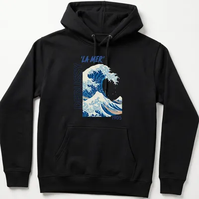 Japanese ukiyo-e style illustration of a wave with 'LA MER' text in blue and white — printed on a unisex hoodie