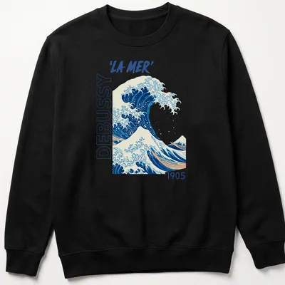 Japanese ukiyo-e style illustration of a wave with 'LA MER' text in blue and white — printed on a unisex sweatshirt