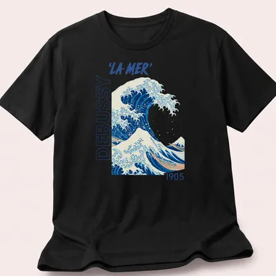 Japanese ukiyo-e style illustration of a wave with 'LA MER' text in blue and white