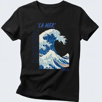 Japanese ukiyo-e style illustration of a wave with 'LA MER' text in blue and white — printed on a women's shirt
