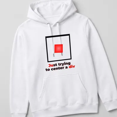 Minimalist tee with a red square and text about web design frustrations — printed on a unisex hoodie