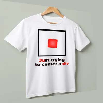 Minimalist tee with a red square and text about web design frustrations — printed on a unisex t-shirt (angled view)