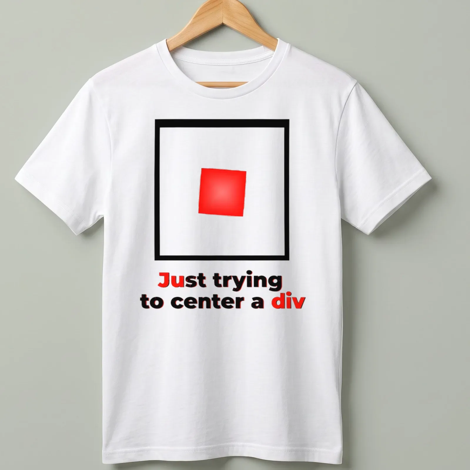 Minimalist tee with a red square and text about web design frustrations — printed on a unisex t-shirt