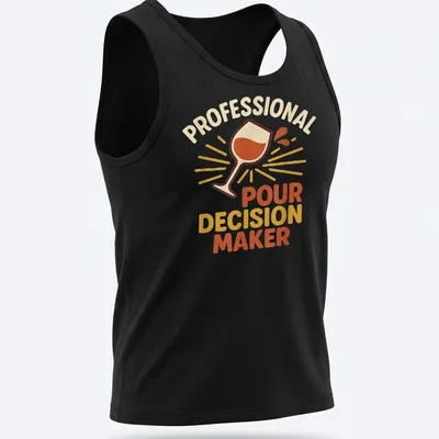 Colorful typography t-shirt with wine glass and 'Professional Pour Decision Maker' text — printed on a tank top