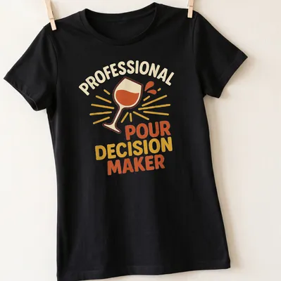 Colorful typography t-shirt with wine glass and 'Professional Pour Decision Maker' text — printed on a women's shirt