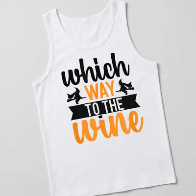Illustration of a witch on a broomstick with text asking for wine direction in Halloween colors — printed on a tank top
