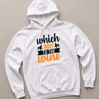 Illustration of a witch on a broomstick with text asking for wine direction in Halloween colors — printed on a unisex hoodie