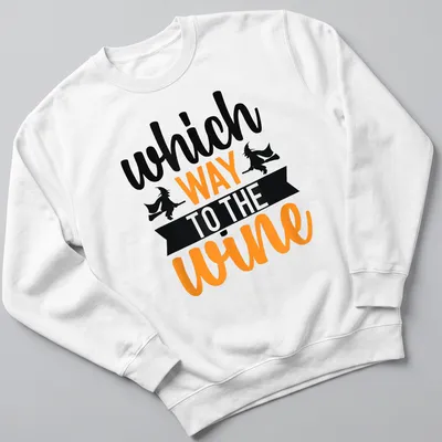 Illustration of a witch on a broomstick with text asking for wine direction in Halloween colors — printed on a unisex sweatshirt