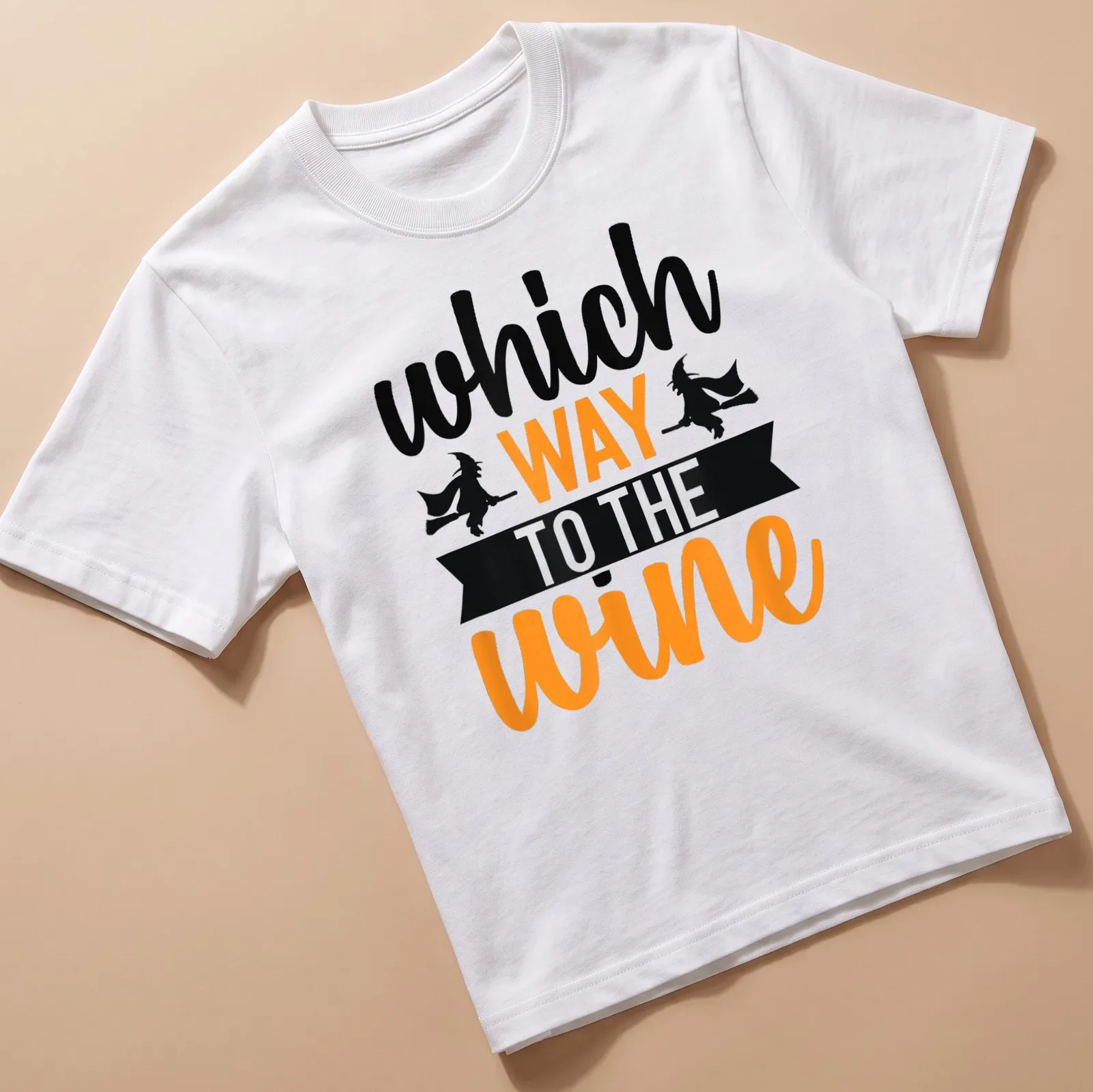 Illustration of a witch on a broomstick with text asking for wine direction in Halloween colors — printed on a unisex t-shirt