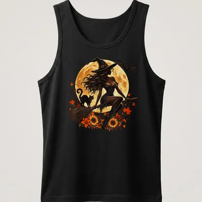 Illustration of a witch on a broomstick with a black cat and moon in warm colors — printed on a tank top