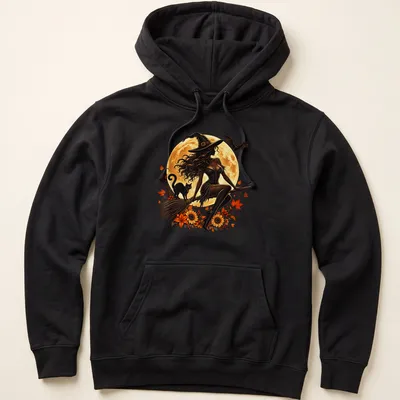 Illustration of a witch on a broomstick with a black cat and moon in warm colors — printed on a unisex hoodie