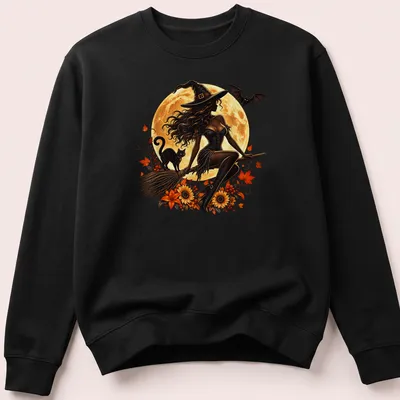 Illustration of a witch on a broomstick with a black cat and moon in warm colors — printed on a unisex sweatshirt