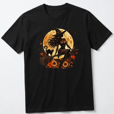 Illustration of a witch on a broomstick with a black cat and moon in warm colors