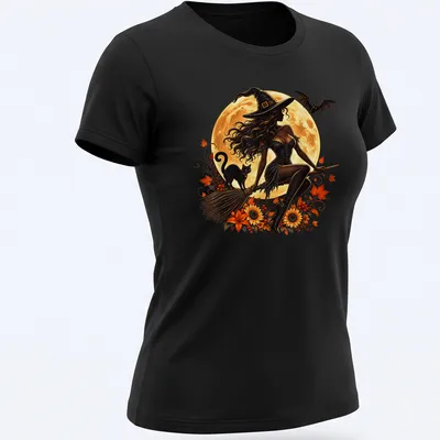 Illustration of a witch on a broomstick with a black cat and moon in warm colors — printed on a women's shirt