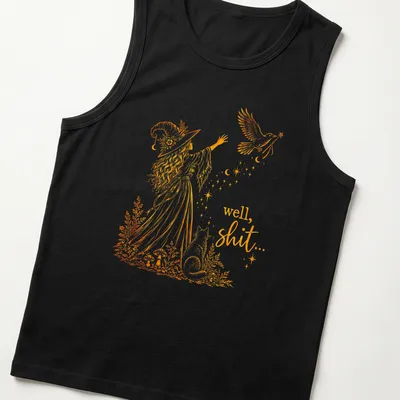 Whimsical line-art of a witch with a crow and magic wand, with text below. — printed on a tank top