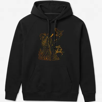 Whimsical line-art of a witch with a crow and magic wand, with text below. — printed on a unisex hoodie
