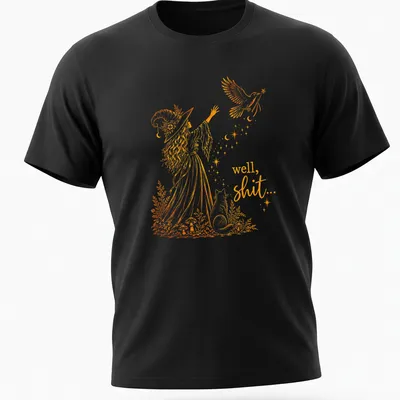 Whimsical line-art of a witch with a crow and magic wand, with text below.