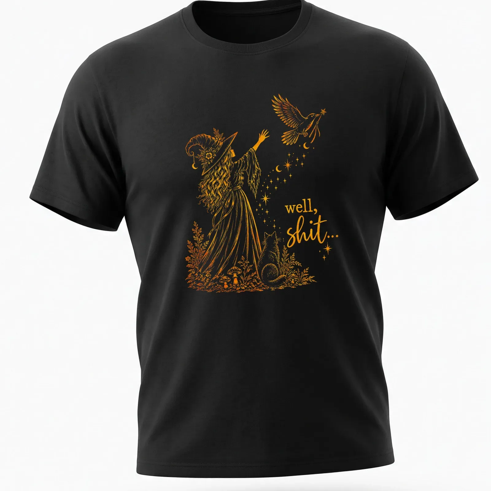 Whimsical line-art of a witch with a crow and magic wand, with text below. — printed on a unisex t-shirt