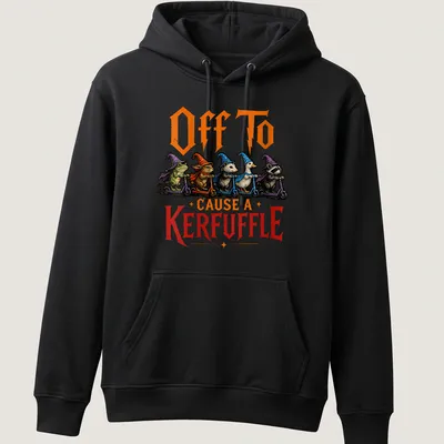 Whimsical illustration of a wizard frog, raccoon, and goose with colorful elements — printed on a unisex hoodie