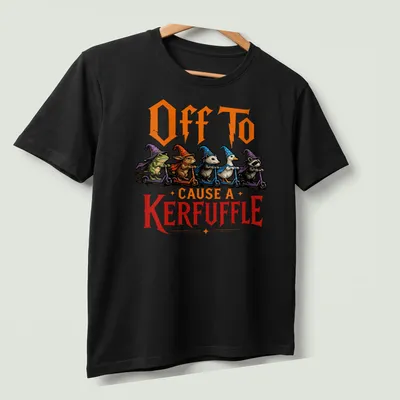 Whimsical illustration of a wizard frog, raccoon, and goose with colorful elements — printed on a unisex t-shirt (angled view)