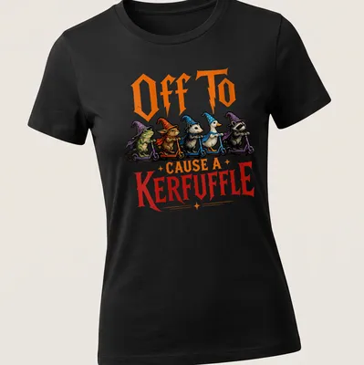 Whimsical illustration of a wizard frog, raccoon, and goose with colorful elements — printed on a women's shirt