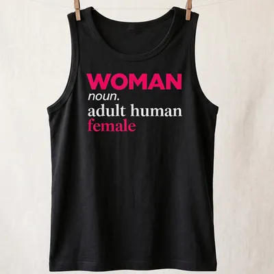 Bold typography t-shirt defining 'Woman' in pink, white, and light gray — printed on a tank top