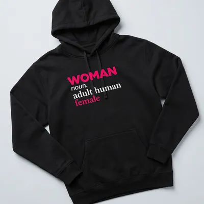 Bold typography t-shirt defining 'Woman' in pink, white, and light gray — printed on a unisex hoodie