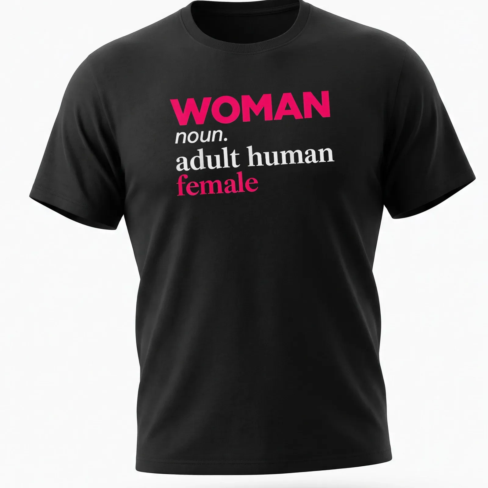Bold typography t-shirt defining 'Woman' in pink, white, and light gray — printed on a unisex t-shirt